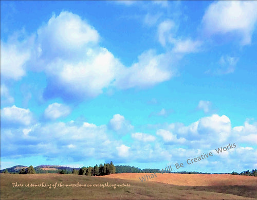 Computerized artwork of puffy clouds in a big sky over fields and trees.  An awesome scene! Be inspired as well by the classic quote, 
