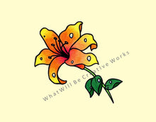 Load image into Gallery viewer, The sweet and innocent beauty of a lily. This is an 8"x10" art print of a single orange-yellow lily with your choice of white or cream background.