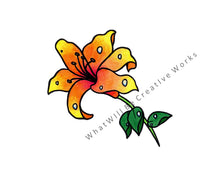 Load image into Gallery viewer, The sweet and innocent beauty of a lily. This is an 8"x10" art print of a single orange-yellow lily with your choice of white or cream background.