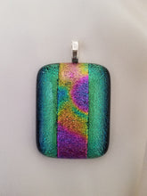 Load image into Gallery viewer, These beautiful, hand-crafted glass rectangular pendants, approximately 1-3/4 inches by 1-1/8 inches, are sold individually, each with a unique design. Great gift! Once sold, that individual pendant is no longer available. Jewelry. Artist: KB. This pendant is Gold-Green with a Black Edge.