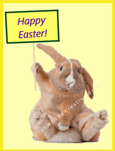 Download and print out this art print of an adorable bunny holding a sign to say Happy Easter!  Kids and adults both love this Easter picture to decorate and brighten up any area of the house or office. 