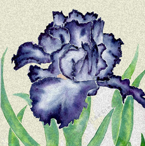 An affordable art print.  8x8 art print of a beautiful blue iris with sponge watercolor effect. Original art painting was done in watercolor.  Printed with high resolution, 300 dpi, on high quality 100# matte card stock paper with 1/4 inch white border.