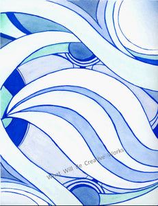 A beautiful art print in blue with a flowing, relaxing abstract design.  Original art painting was done in watercolor. Printed with high resolution, 220 dpi, on quality 110# card stock paper with no border. 