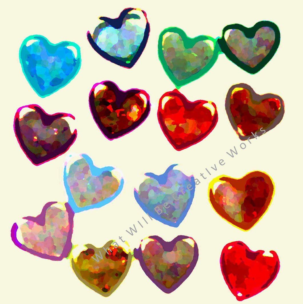 An affordable art print.  Happy and colorful, romantic as well. Bunches of hearts in a multitude of colors.  A perfect print for Valentine's Day and everyday!  Printed with high resolution, 300 dpi, on quality 100# matte card stock paper with no border.  Watermark is not on the finished print.  Hearts, happiness, romance, valentines, it's all here.