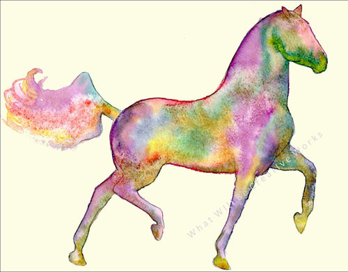 An affordable art print.  11x8.5 watercolor of colorful horse on light background.  Printed with high resolution, 300 dpi, on quality 70# matte card stock paper with no border. Artist E. Russell.