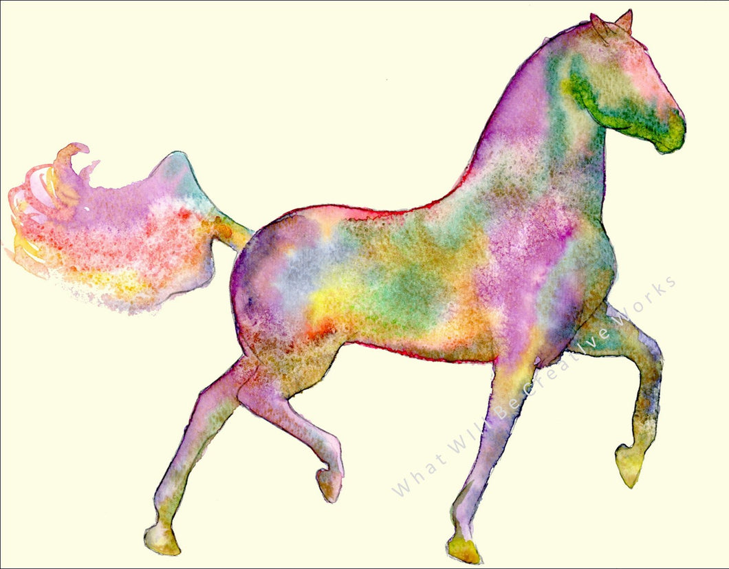 An affordable art print.  11x8.5 watercolor of colorful horse on light background.  Printed with high resolution, 300 dpi, on quality 70# matte card stock paper with no border. Artist E. Russell.