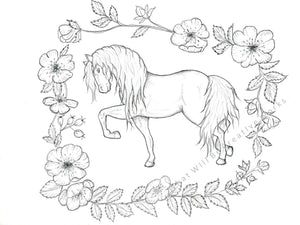 Download this 8.5x11 drawing of horse and flowers to print and display as is, or to color in.