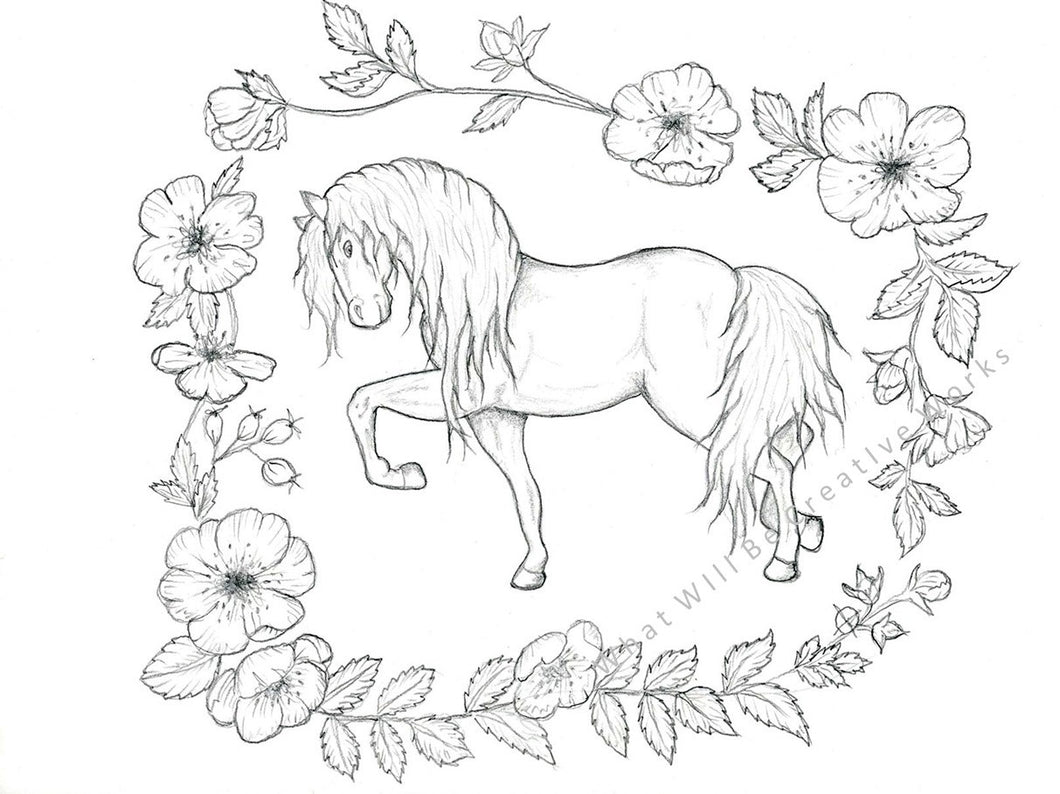 Download this 8.5x11 drawing of horse and flowers to print and display as is, or to color in.