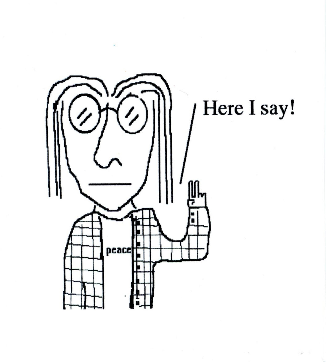 Free download of drawing of guy in peace shirt, making peace sign, saying 