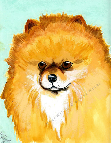 An affordable art print.  8.5x11 art print of a Pomeranian dog with a light blue-green background. Original art painting was done in watercolor.  Printed with high resolution, 300 dpi, on quality 70# matte card stock paper with 1/4 inch white border.