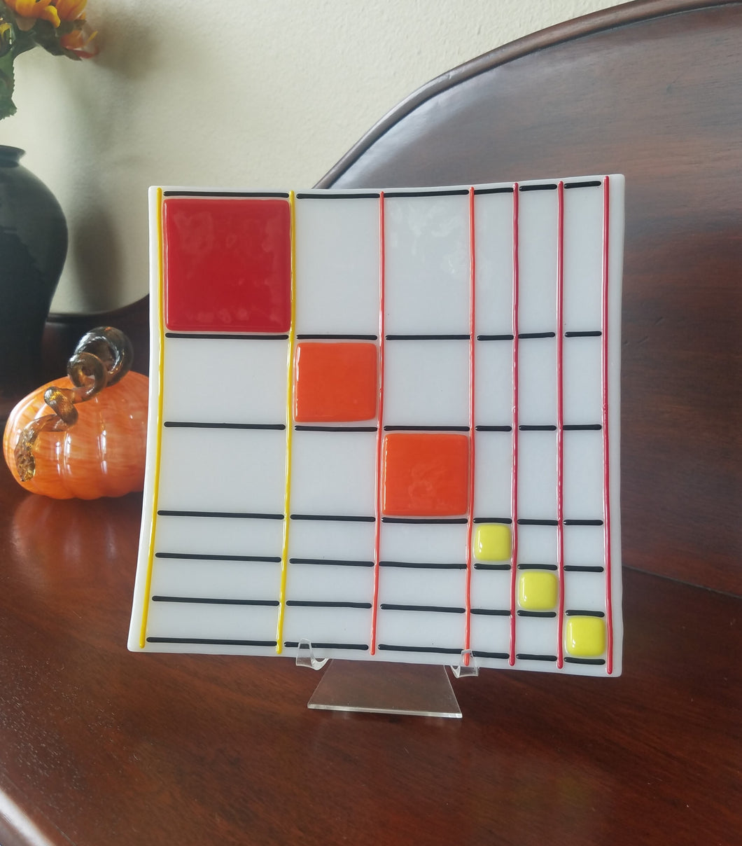 Red, Orange, and Yellow Curved Decorative Glass Plate
