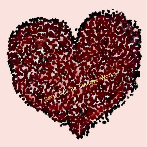 Heart in black and shades of red and pink on a pale pink background.  An intriguing confetti-like design.  8x8 digital artwork.