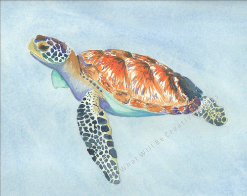 An affordable art print.  10x8 sea turtle swimming, light blue background.  Original art painting was done in watercolor.  Printed with high resolution, 300 dpi, on high quality 100# matte card stock paper with no border.