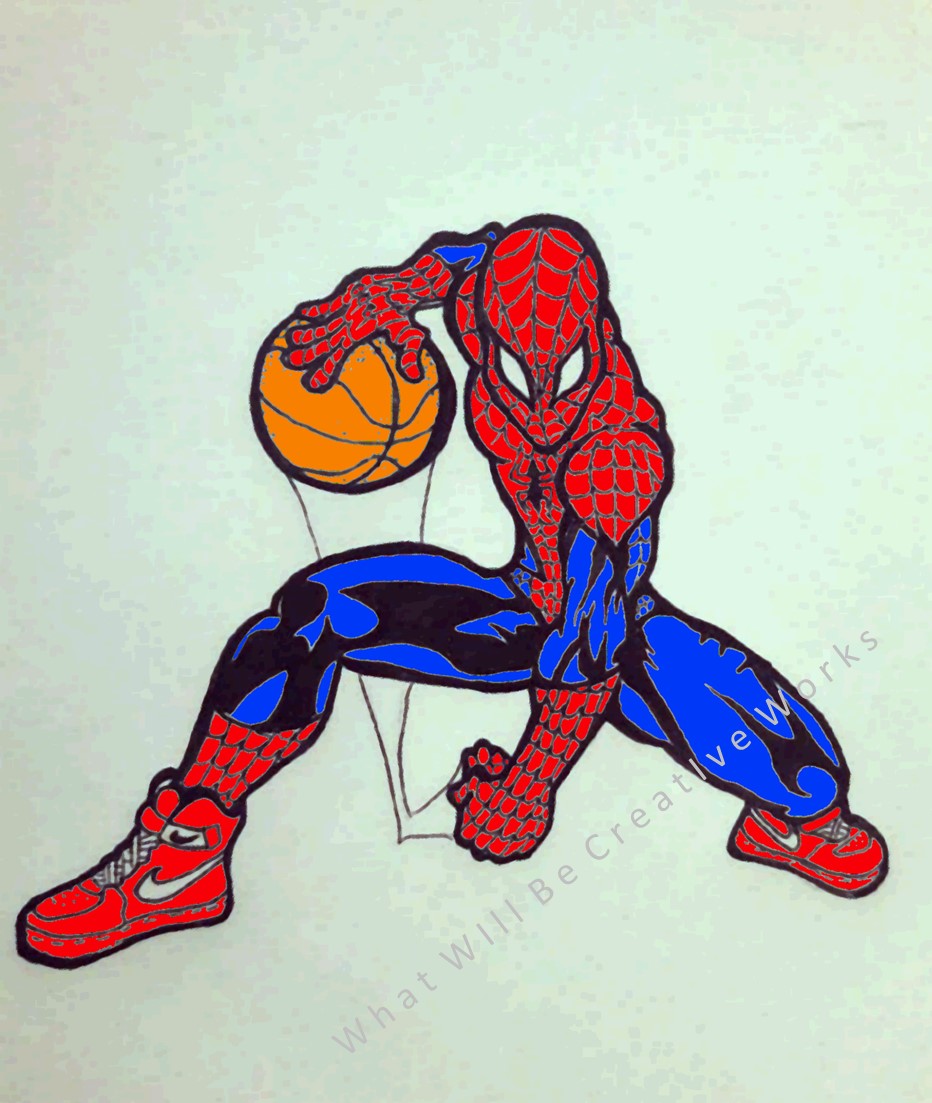 An affordable art print.  8x10 fun and fanciful art print of Spiderman playing basketball. 