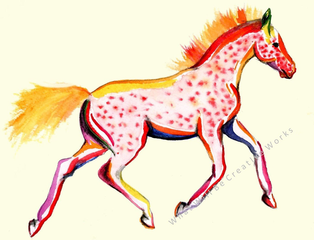 Download this jpeg file configured for 8.5x11 printing of a spotted horse with bright colors originally done as a watercolor painting.
