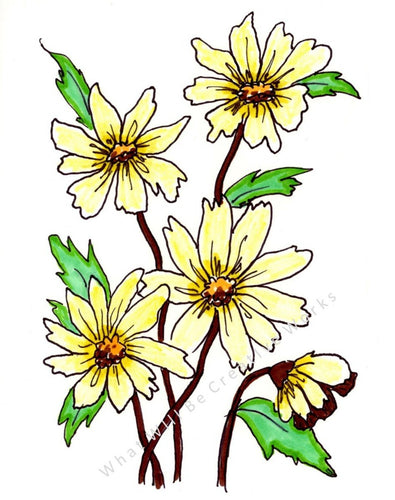 An affordable art print.  8x10 (portrait) Spring flowers art print.  Pale yellow flowers, green leaves, brown stems, white background.  No border, printed on high quality matte card (100#) paper intended for professional art prints or quality matte card (#70) paper intended for typical art prints.  Original art painting was done with markers.