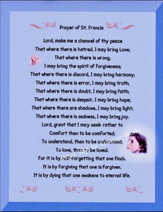 Digital download of St. Francis Prayer for peace and love.  File is jpg format, 300 dpi resolution, formatted for 8.5"x11" printing, light blue background with darker blue frame border.