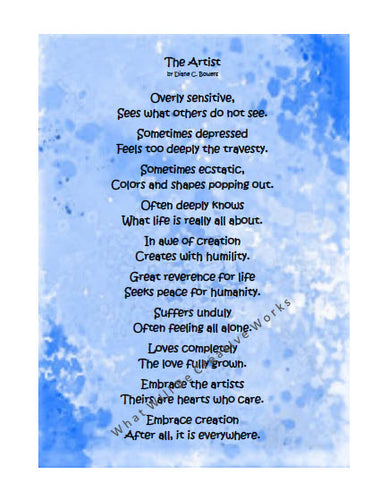 The Artist, an inspirational poem on a beautiful blue background