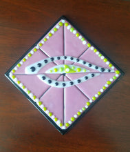 Load image into Gallery viewer, Hand-crafted decorative glass plate, a pretty pink background with an interesting eye design.  Dimensions: 5-3/4&quot; x 5-3/4&quot; x 1/2&quot;
