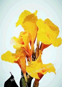 Add yellow lilies to your décor with this 5"x7" computerized art print (has the look of a painting).  The sweet and innocent beauty of the lily flower has given it the association of fresh life and rebirth. Printed with high resolution, 150 dpi, on high quality 100# matte card stock paper with no border.  Watermark is not on the finished print.